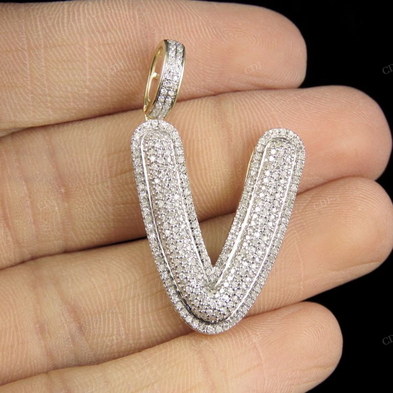 1.4" 0.90 CT 10K Gold Natural Diamond Custom V Letter Pendant CustomDiamJewel
