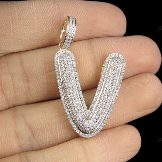 1.4" 0.90 CT 10K Gold Natural Diamond Custom V Letter Pendant CustomDiamJewel