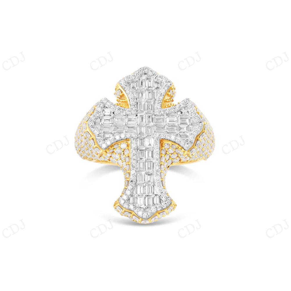 10K Gold Baguette & Round Moissanite Cross Ring hip hop jewelry CustomDiamJewel