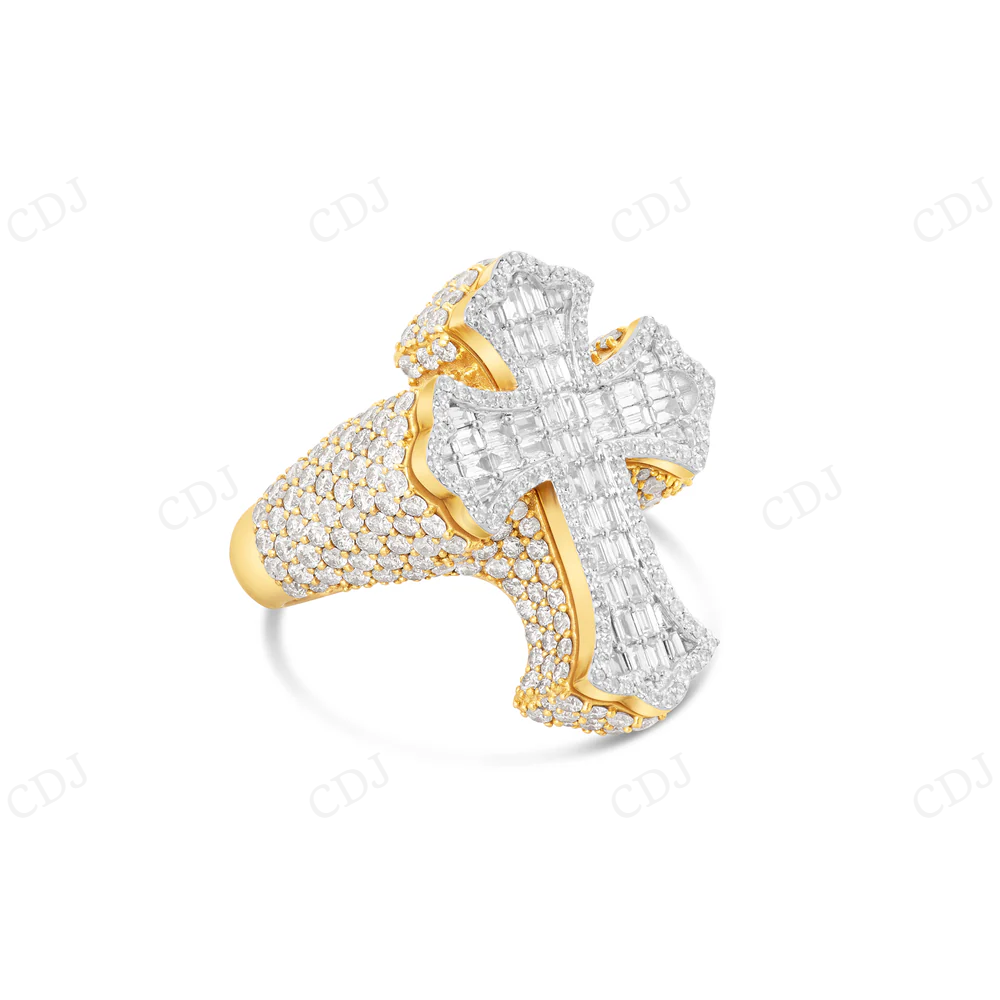 10K Gold Baguette & Round Moissanite Cross Ring hip hop jewelry CustomDiamJewel
