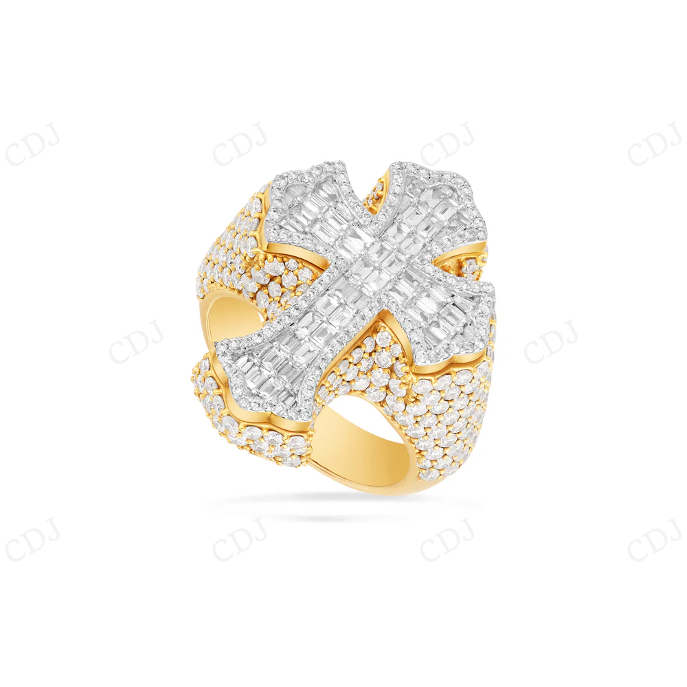 10K Gold Baguette & Round Moissanite Cross Ring hip hop jewelry CustomDiamJewel