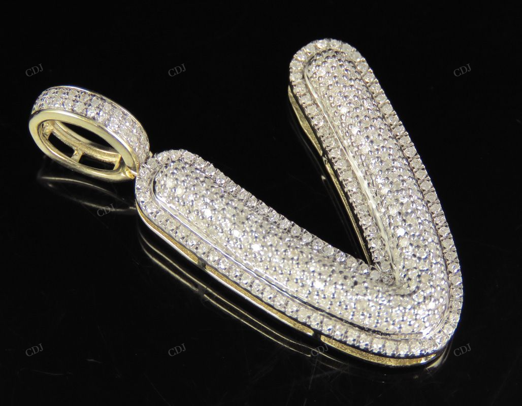 1.4" 0.90 CT 10K Gold Natural Diamond Custom V Letter Pendant CustomDiamJewel