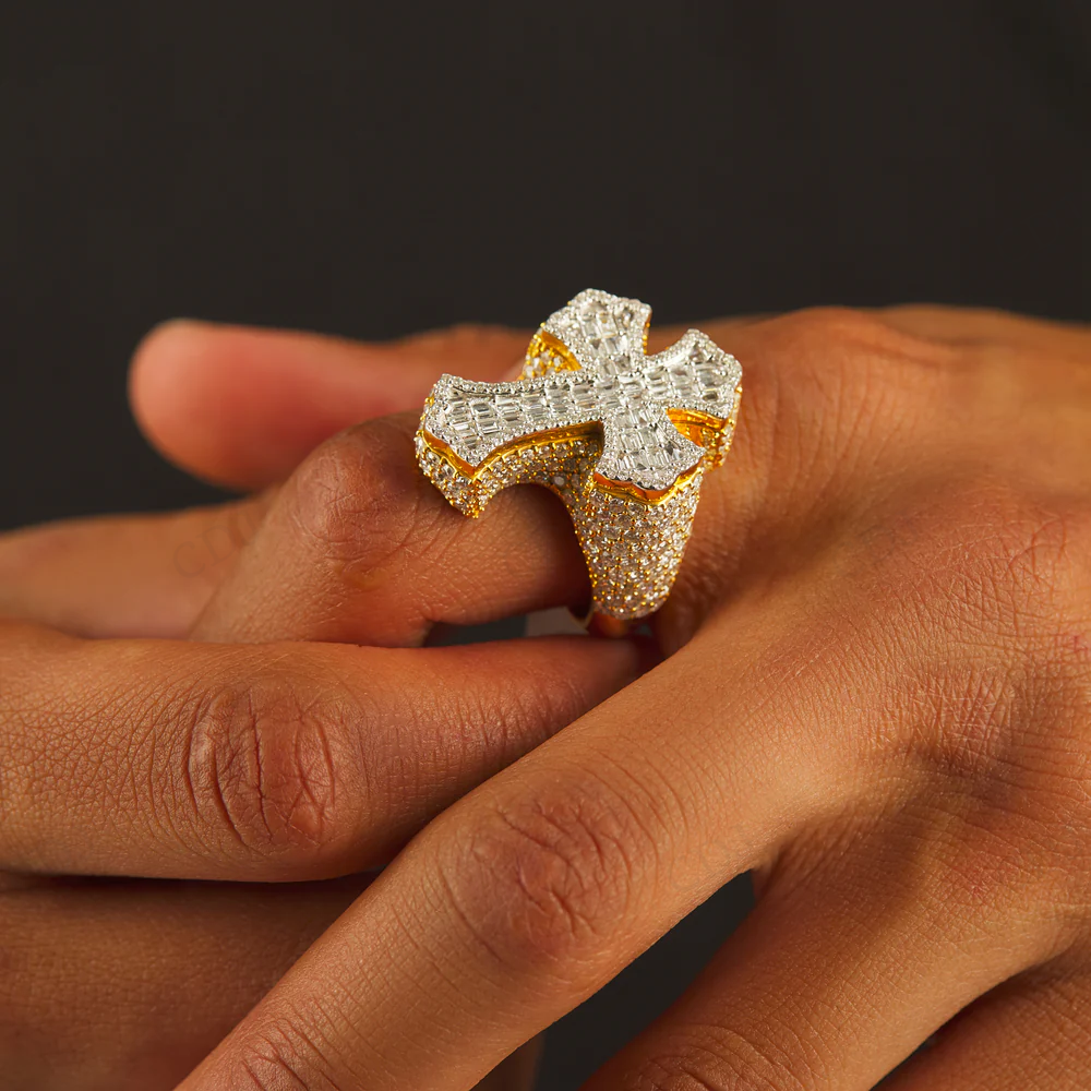 10K Gold Baguette & Round Moissanite Cross Ring hip hop jewelry CustomDiamJewel