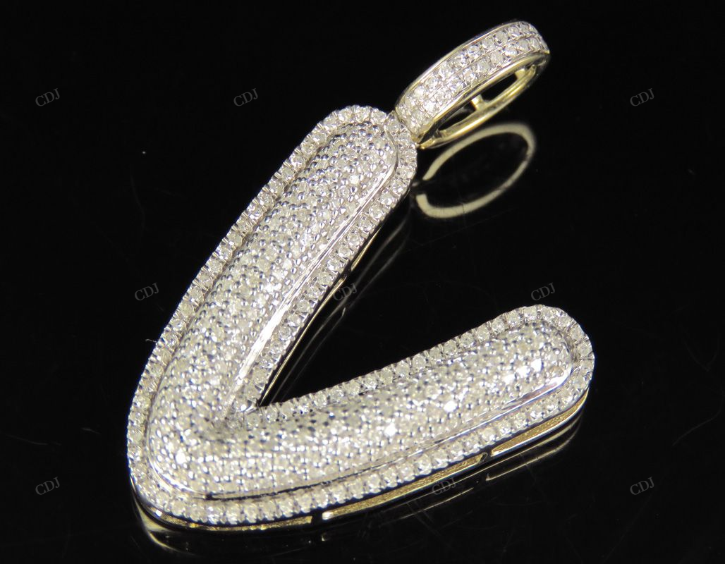 1.4" 0.90 CT 10K Gold Natural Diamond Custom V Letter Pendant CustomDiamJewel
