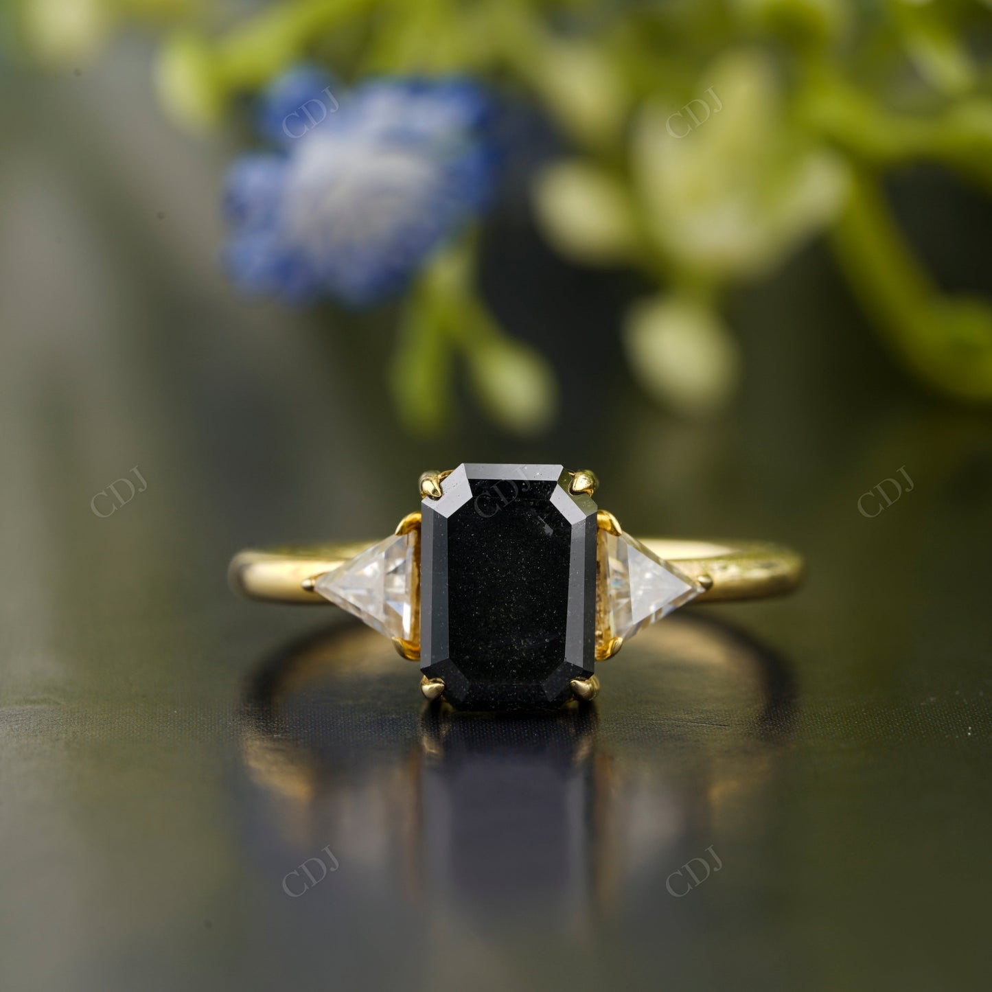 Emerald Moissanite Diamond Side Stone Ring