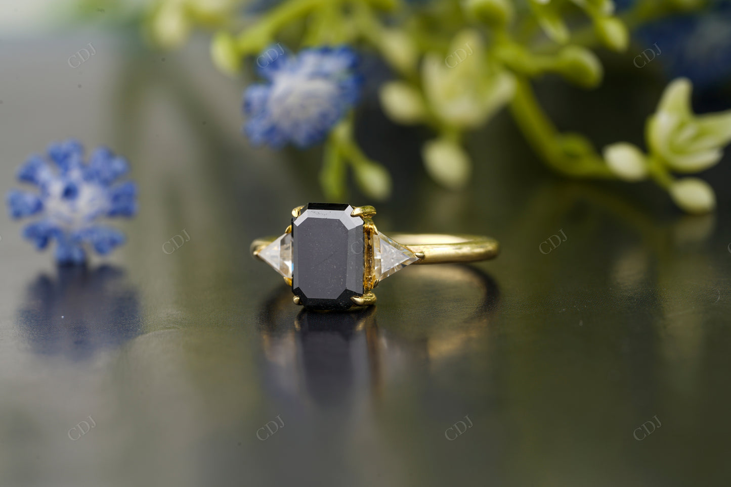 Emerald Moissanite Diamond Side Stone Ring