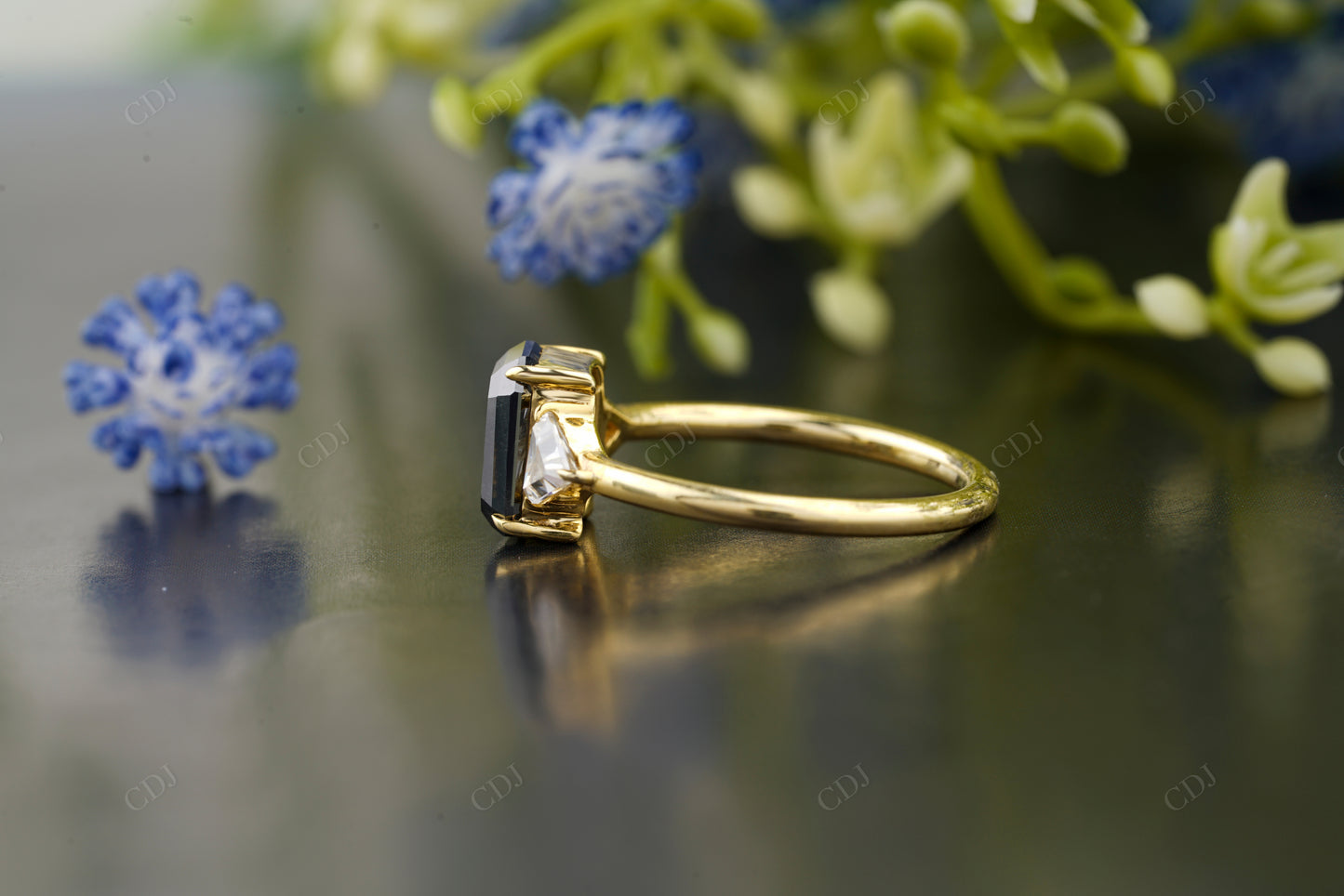Emerald Moissanite Diamond Side Stone Ring