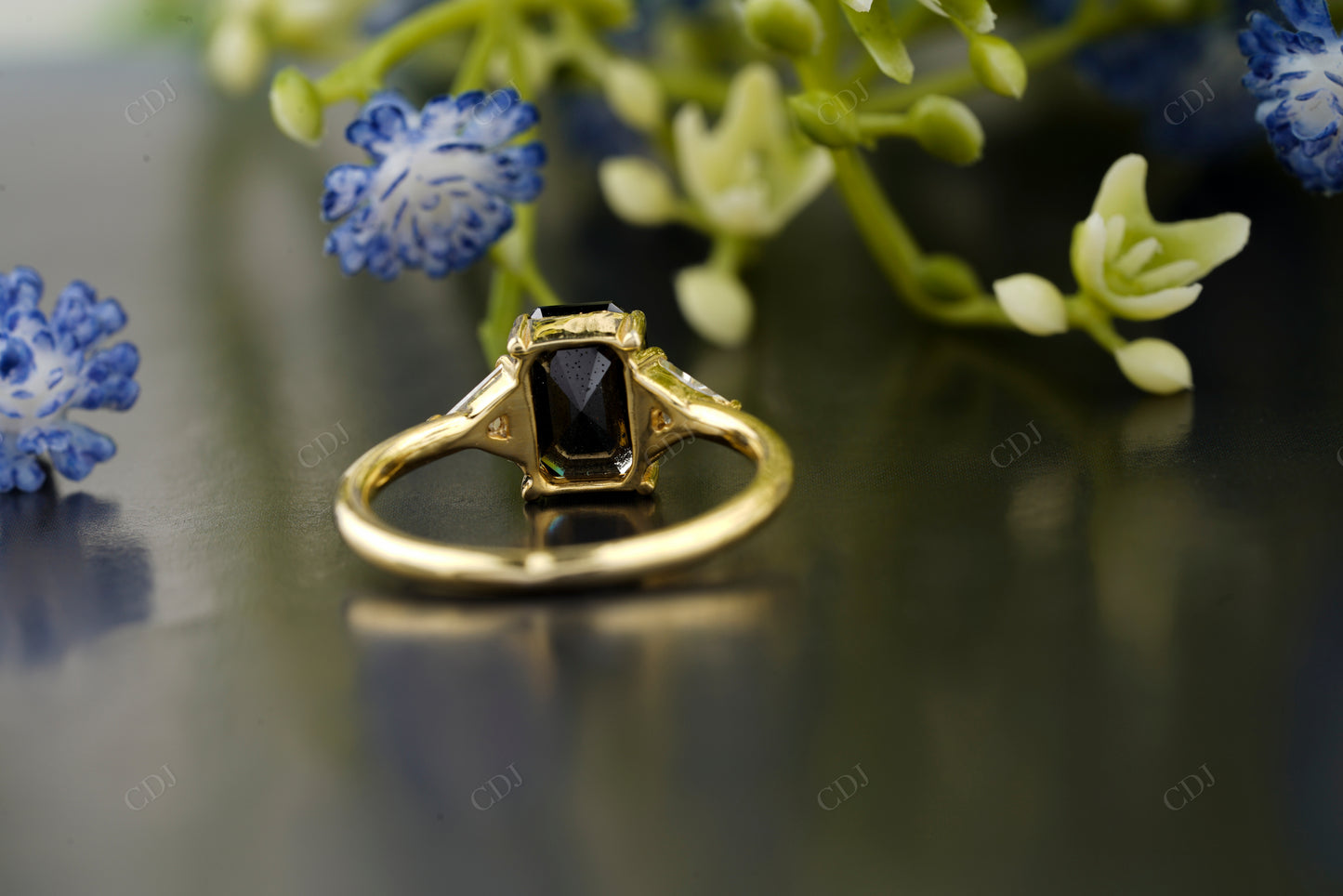 Emerald Moissanite Diamond Side Stone Ring