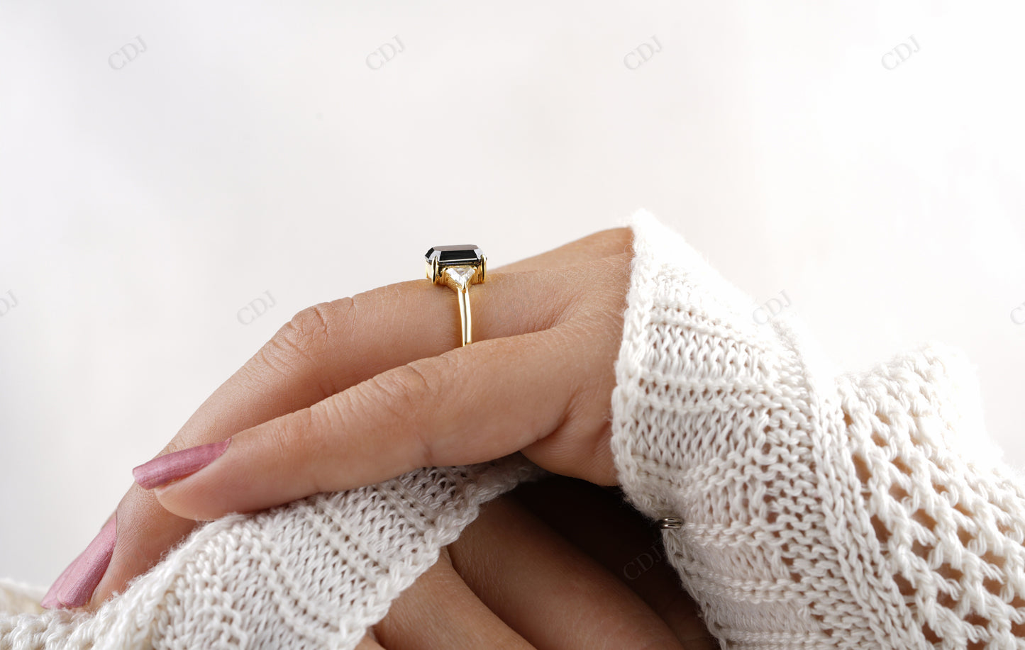 Emerald Moissanite Diamond Side Stone Ring