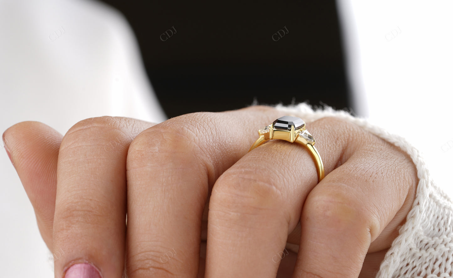Emerald Moissanite Diamond Side Stone Ring