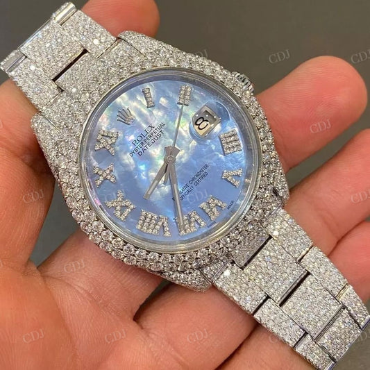 Custom Rolex Blue Dial Moissanite Diamond Luxury Watch customdiamjewel