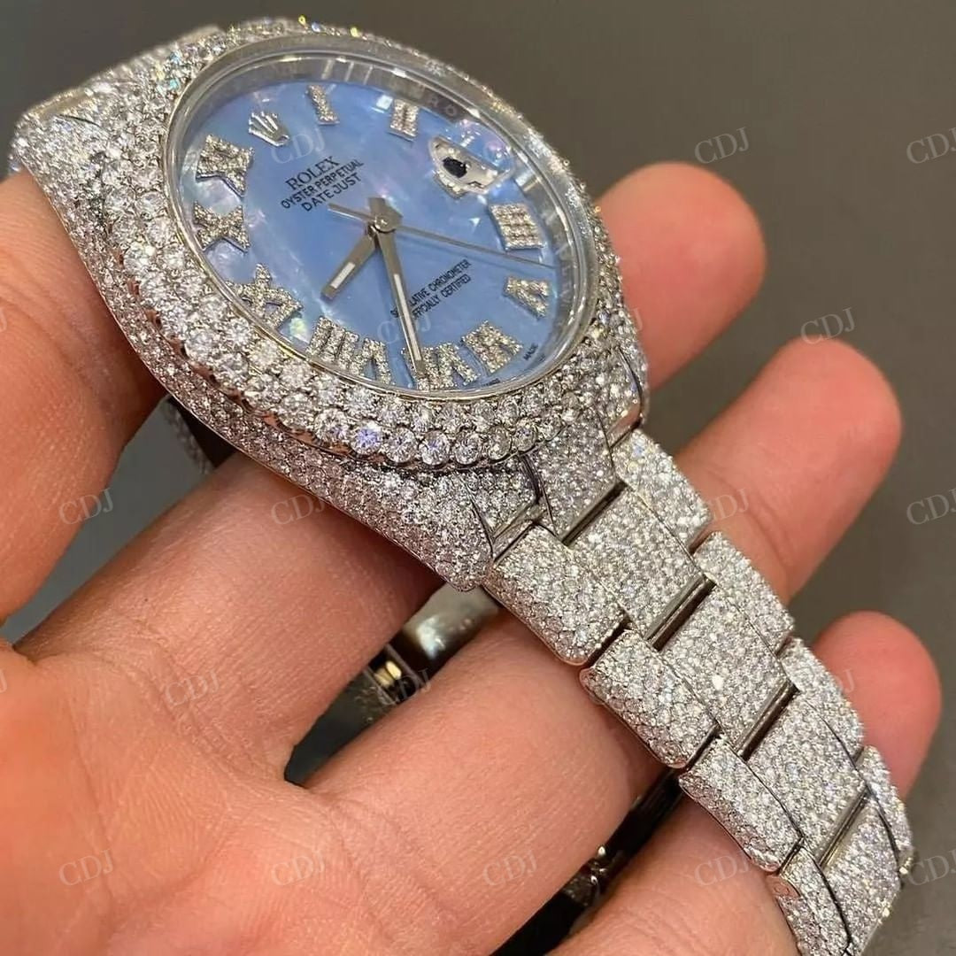 Custom Rolex Blue Dial Moissanite Diamond Luxury Watch customdiamjewel
