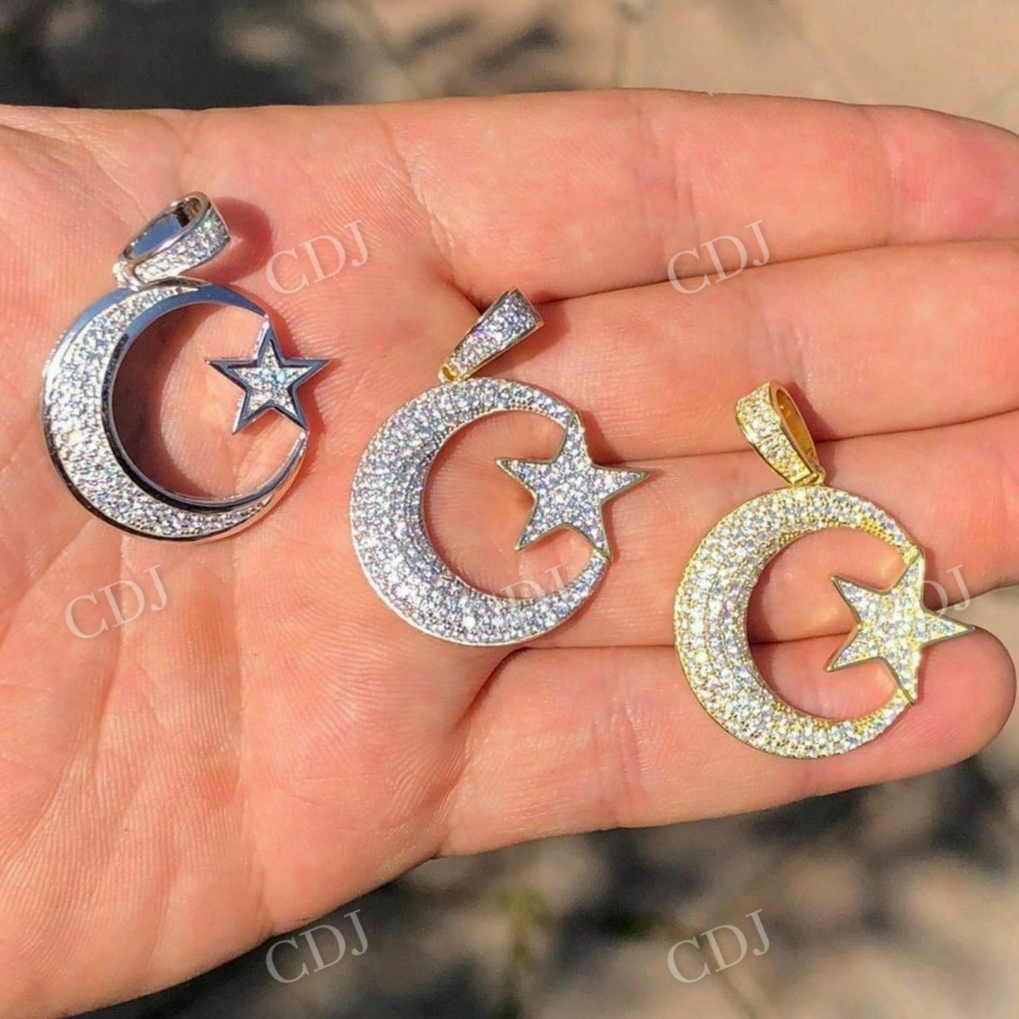 Mens 925 Silver Crescent Moon & Star Islam Muslim Arabic Pendant  customdiamjewel   