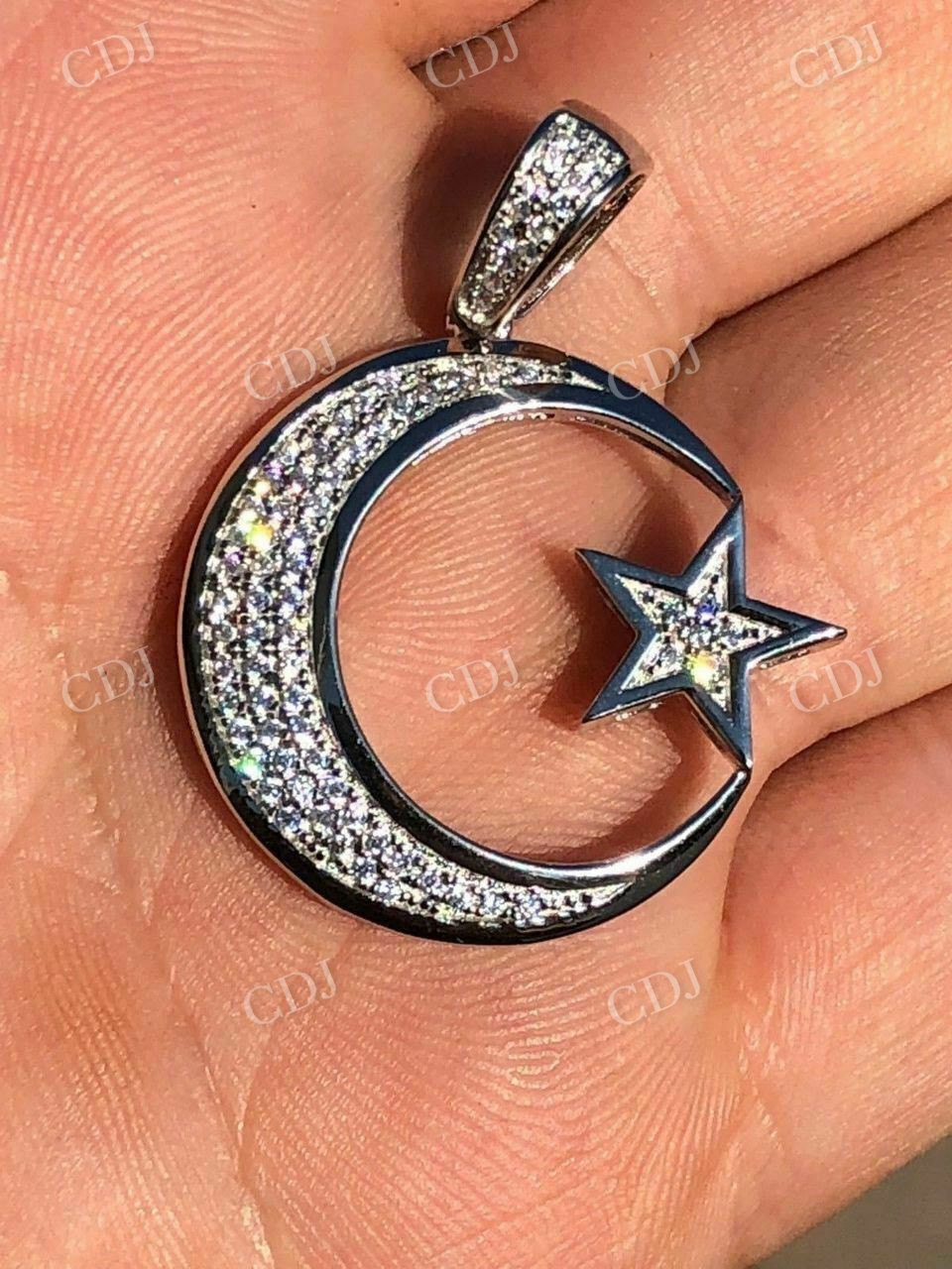 Mens 925 Silver Crescent Moon & Star Islam Muslim Arabic Pendant  customdiamjewel   