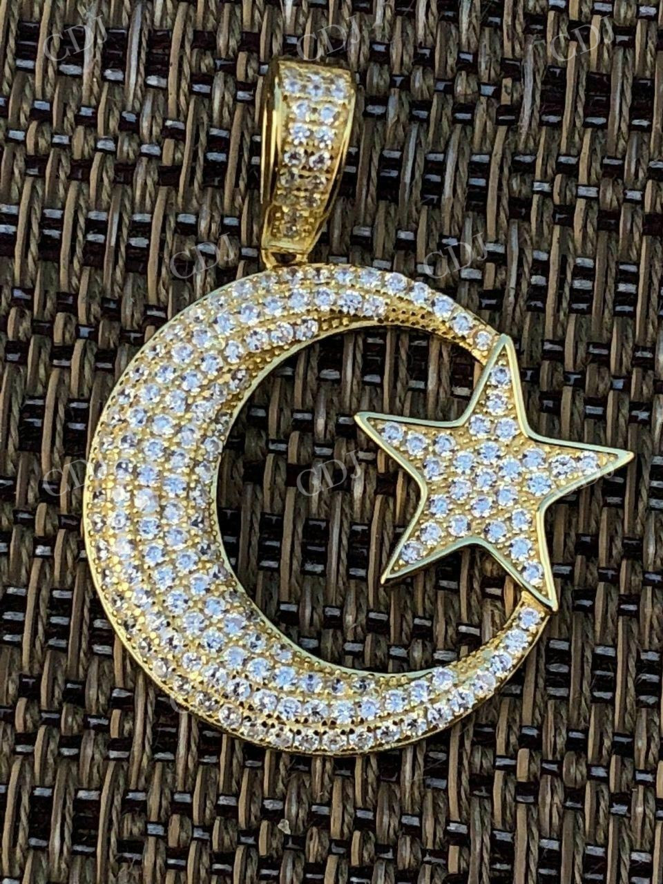 Mens 925 Silver Crescent Moon & Star Islam Muslim Arabic Pendant  customdiamjewel   
