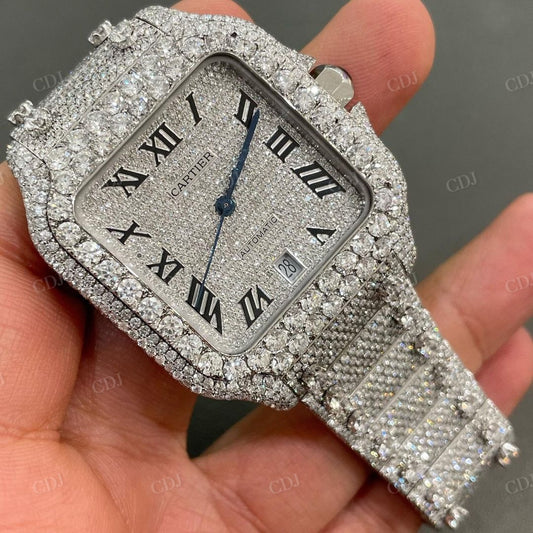 Fully Iced Out Stainless Steel Diamond Cartier Moissanite Wrist Watch customdiamjewel