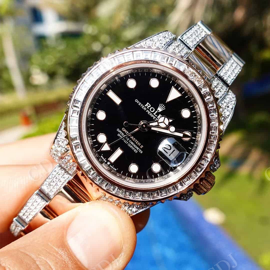 Custom Daimond Set Black Dial Rolex Wrist Watch