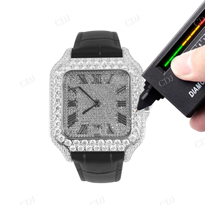 Automatic Buss Down Moissanite Black Leather Belt Men's Wrist Watch customdiamjewel