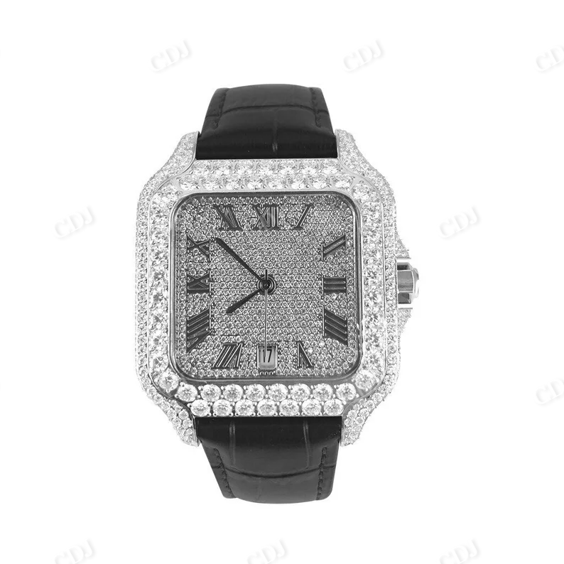 Automatic Buss Down Moissanite Black Leather Belt Men's Wrist Watch customdiamjewel