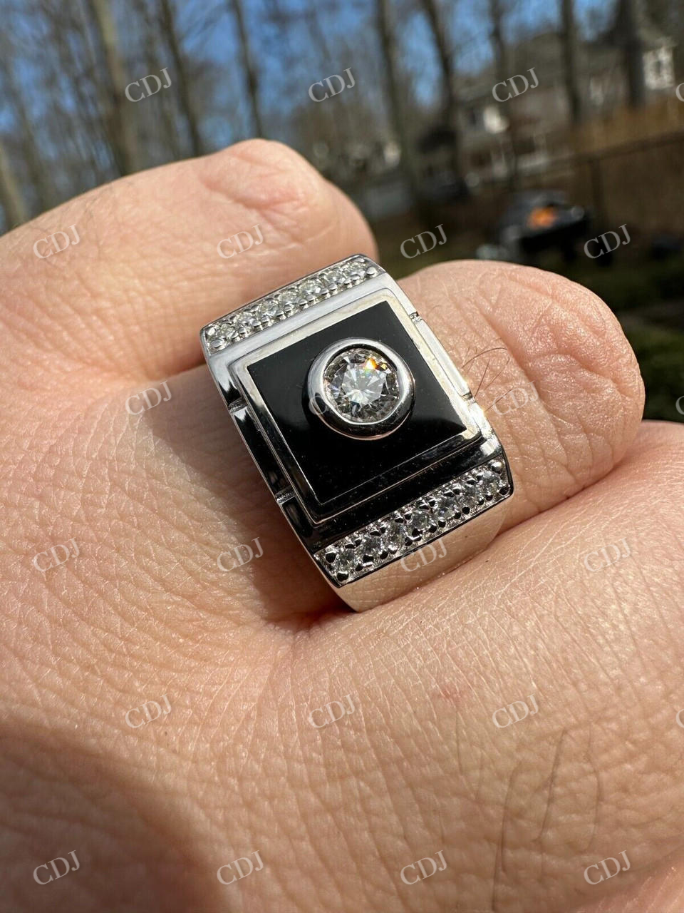 Men's Moissanite & Onyx Square Solitaire Signet Ring  customdiamjewel   