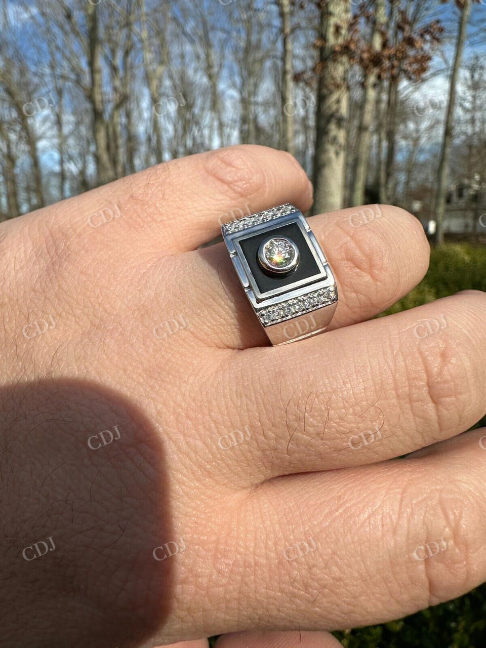 Men's Moissanite & Onyx Square Solitaire Signet Ring  customdiamjewel   