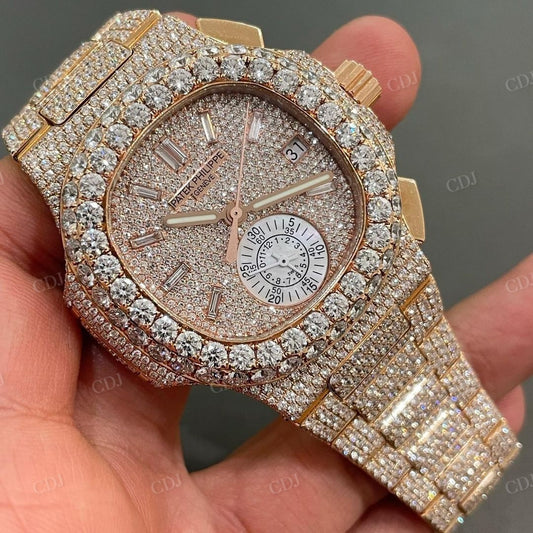 Patek Philippe Fully Iced Out Diamond Rose Gold Pelted Moissanite Watch customdiamjewel
