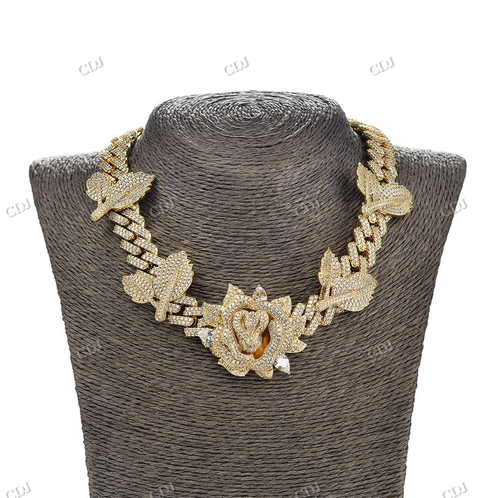 Full Iced Out Rose And Flower Design Diamond Yellow Gold Hip Hop Chain hip hop jewelry CustomDiamJewel
