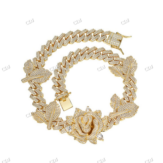 Full Iced Out Rose And Flower Design Diamond Yellow Gold Hip Hop Chain hip hop jewelry CustomDiamJewel