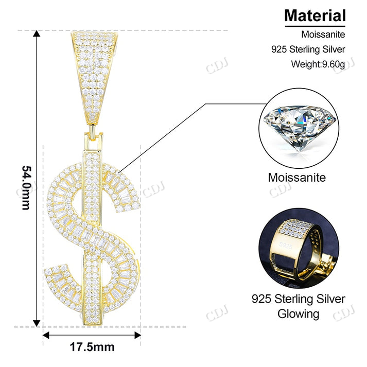 Dollar Sign Baguette Hip Hop Moissanite Pendant customdiamjewel