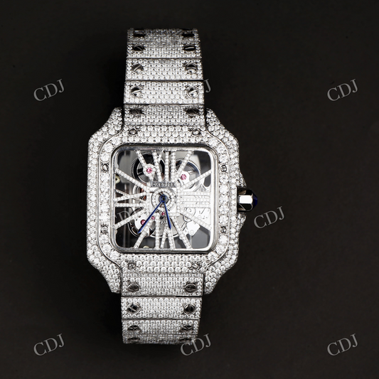 Fully Iced Moissanite Cartier Skeleton Watch customdiamjewel