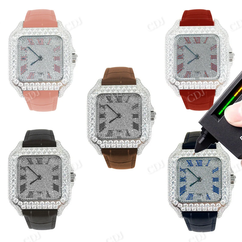 Custom Design Brown Leather Belt Iced Buss Down Square Dial Moissanite Watch customdiamjewel