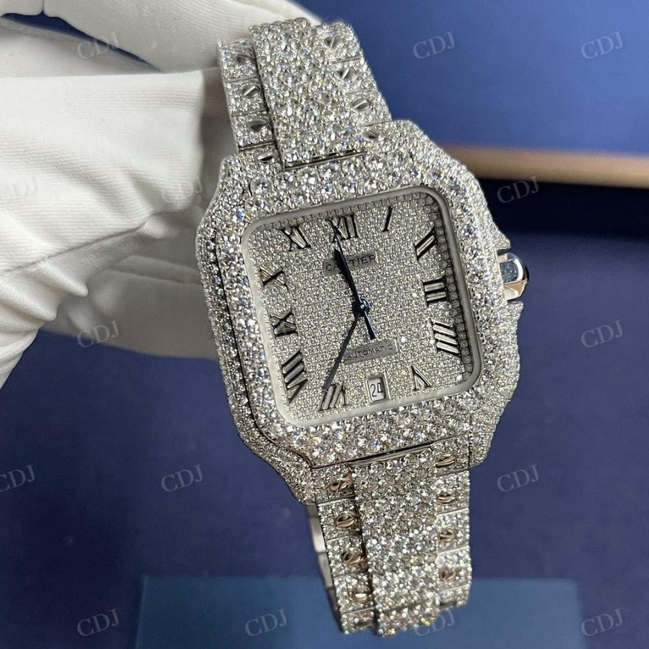 Cartier Santos Fully Ice Out Round Moissanite Diamond Luxury Modified Watch customdiamjewel