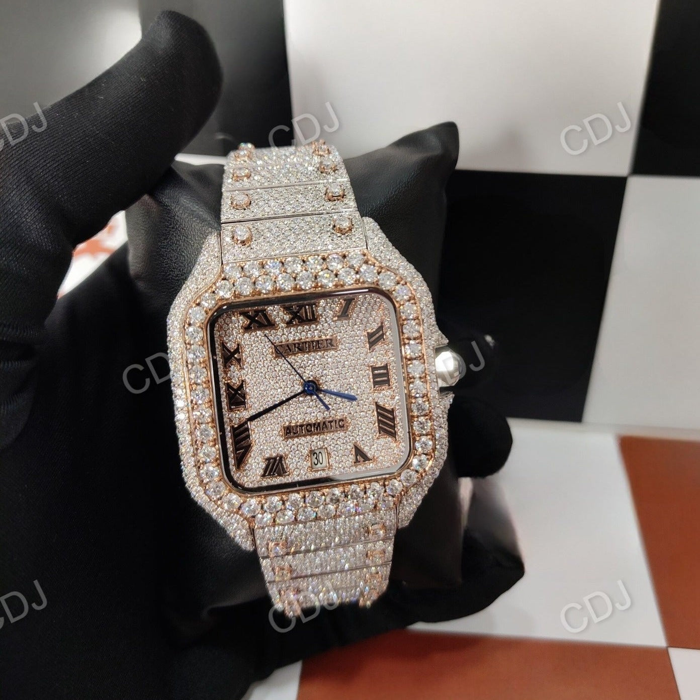 Rose-White Tone VVS Moissanite Roman Dial Watch customdiamjewel