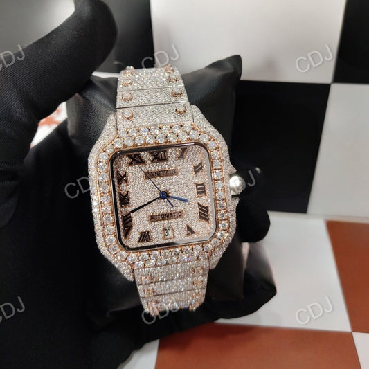 Large Cartier Santos Moissanite Diamond Roman Dial Watch customdiamjewel