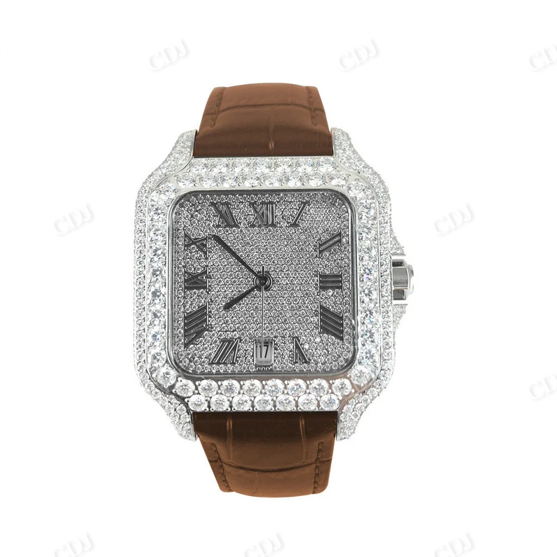 Custom Design Brown Leather Belt Iced Buss Down Square Dial Moissanite Watch customdiamjewel