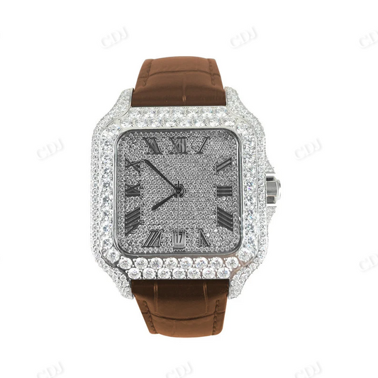 Custom Design Brown Leather Belt Iced Buss Down Square Dial Moissanite Watch customdiamjewel