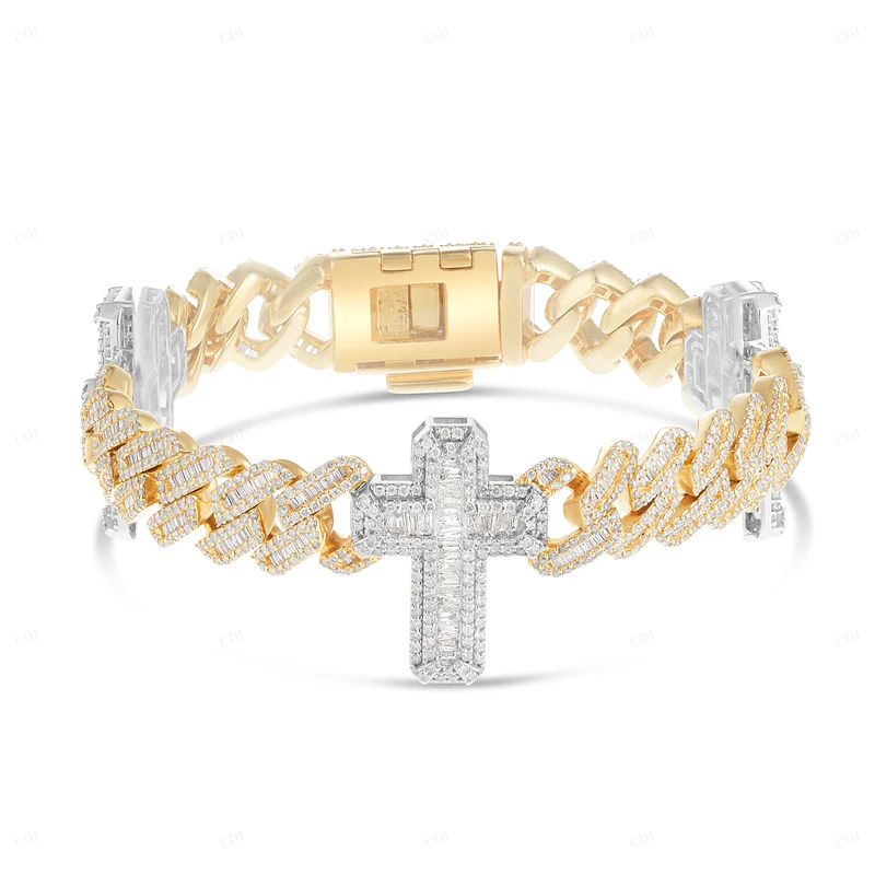 VVS Moissanite Silver Hip Hop Cross Cuban Link Bracelet CustomDiamJewel