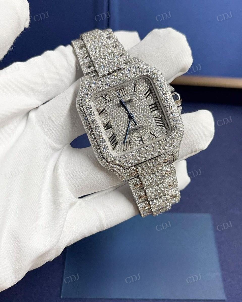 Cartier Santos Fully Ice Out Round Moissanite Diamond Luxury Modified Watch customdiamjewel