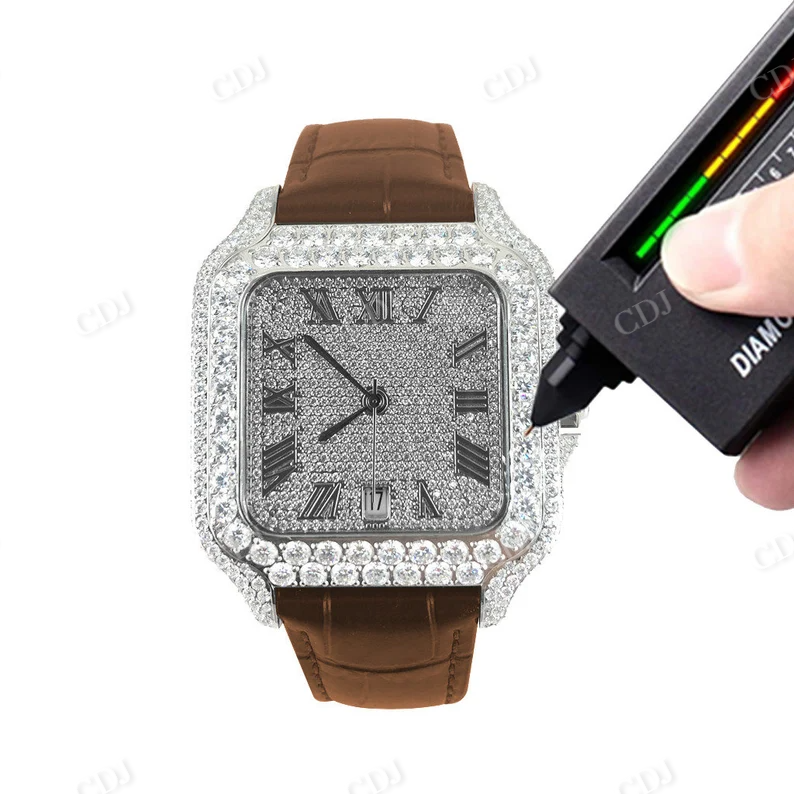 Custom Design Brown Leather Belt Iced Buss Down Square Dial Moissanite Watch customdiamjewel