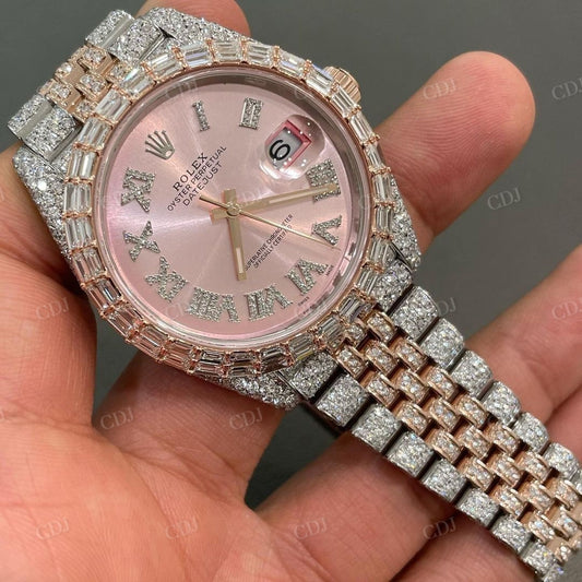 Pink Dial Rolex Diamond Custom Baguette Moissanite Watch customdiamjewel