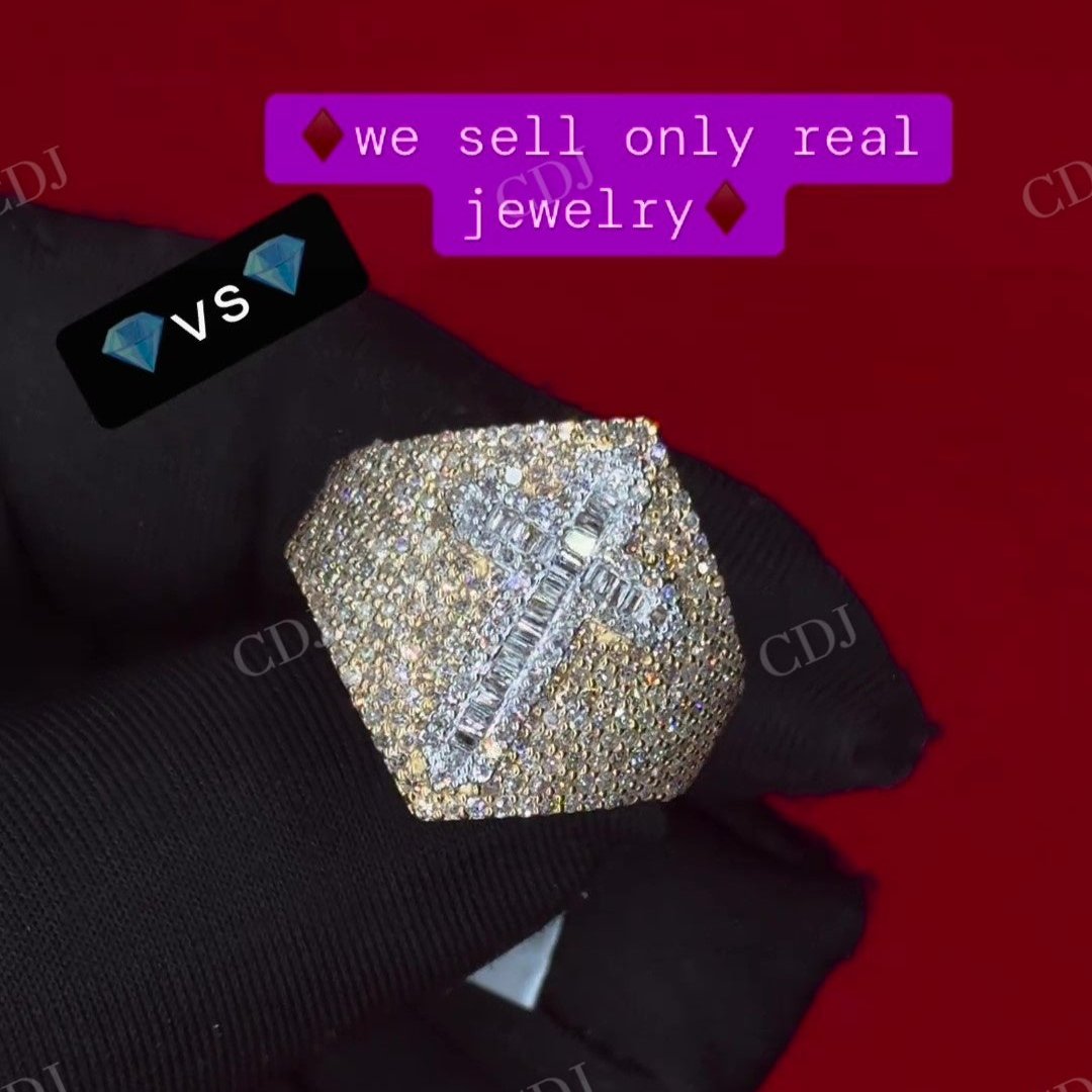 14K Yellow Gold Moissanite Diamond Cross Ring hip hop jewelry CustomDiamJewel   