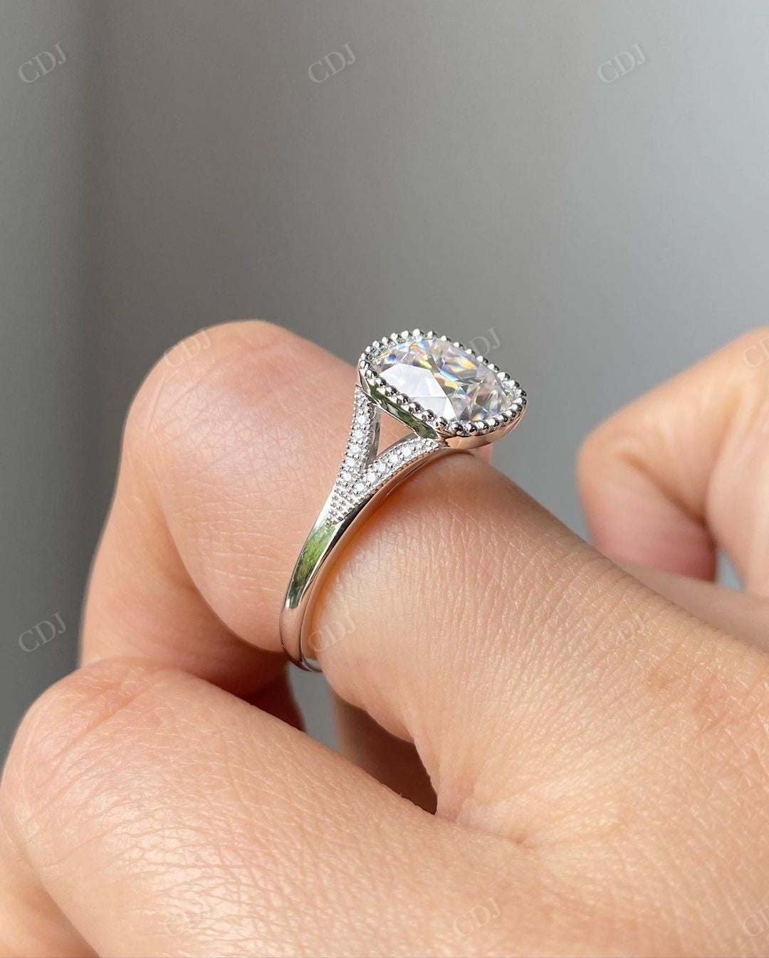 Cushion Milgrain Set Lab Grown Diamond Ring