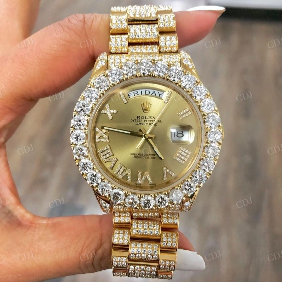 Gold Plated Stainless Steel Rolex Diamond Moissanite Watch customdiamjewel