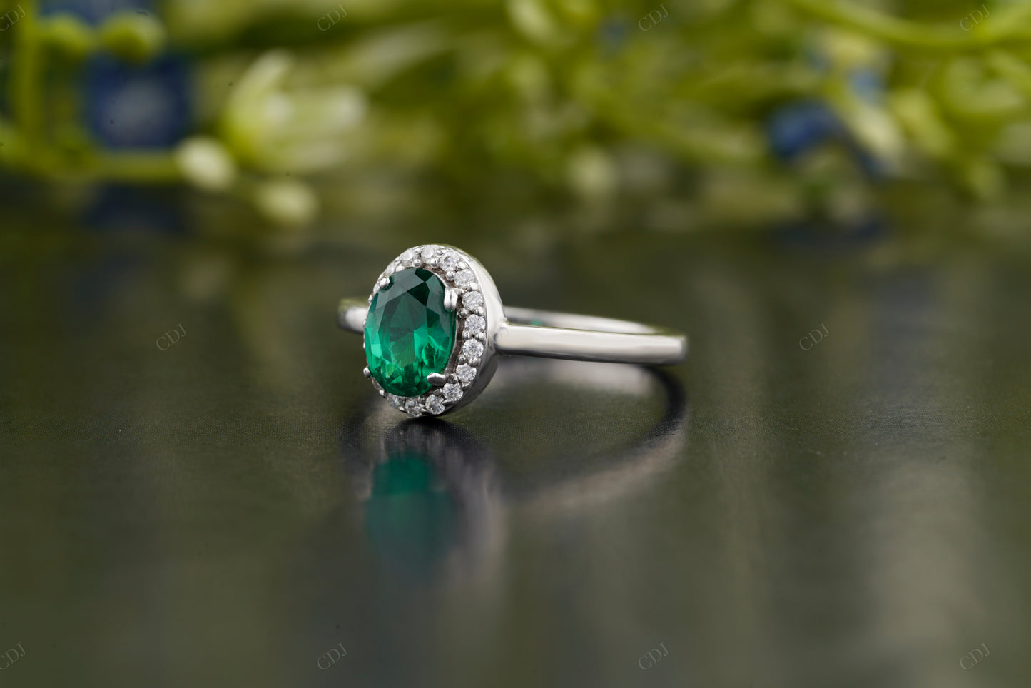 Oval Green Emerald Moissanite Accent Ring