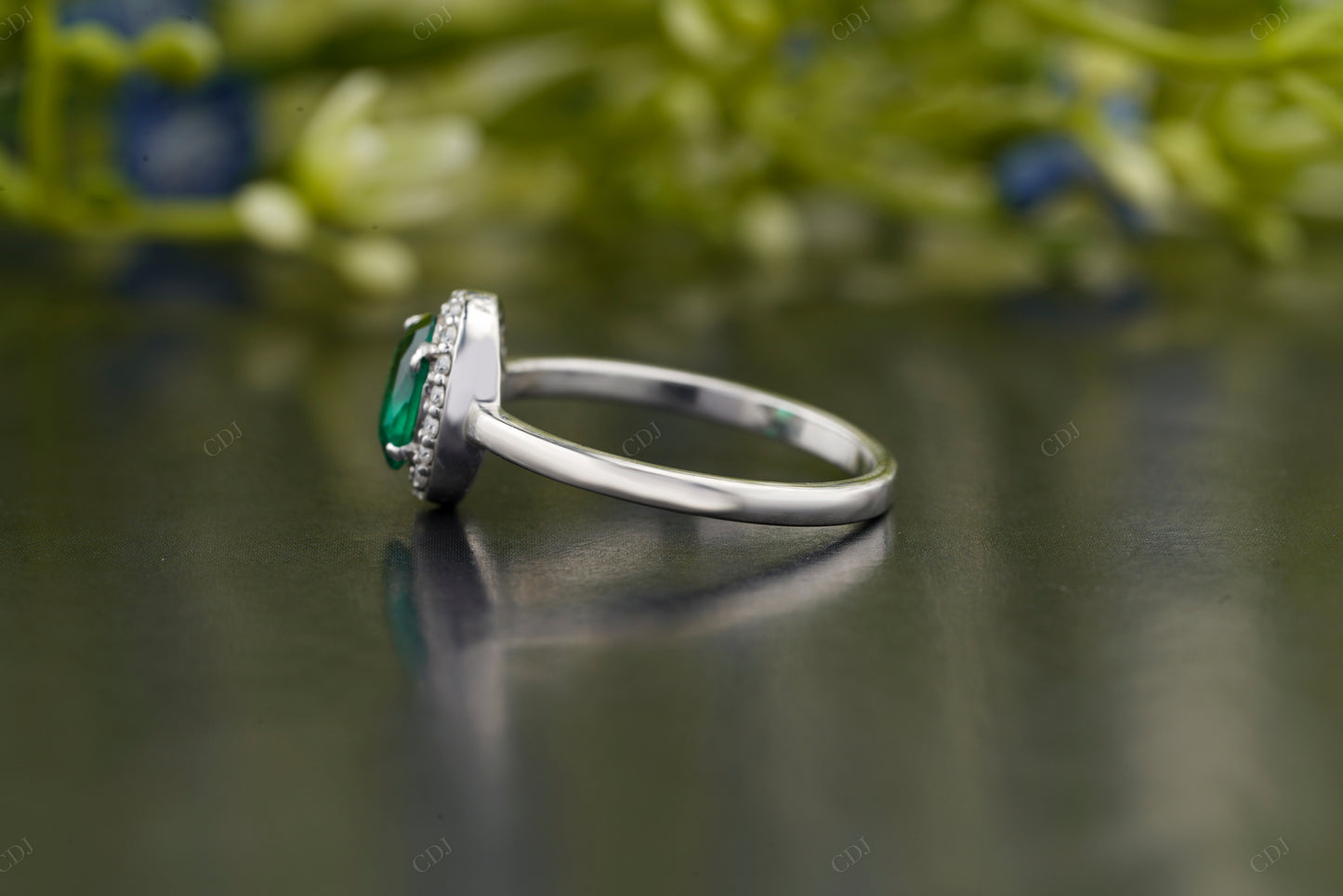 Oval Green Emerald Moissanite Accent Ring