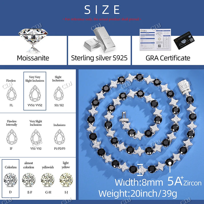 10K Gold 8mm Black Moissanite Star Link Tennis Chain hip hop jewelry CustomDiamJewel