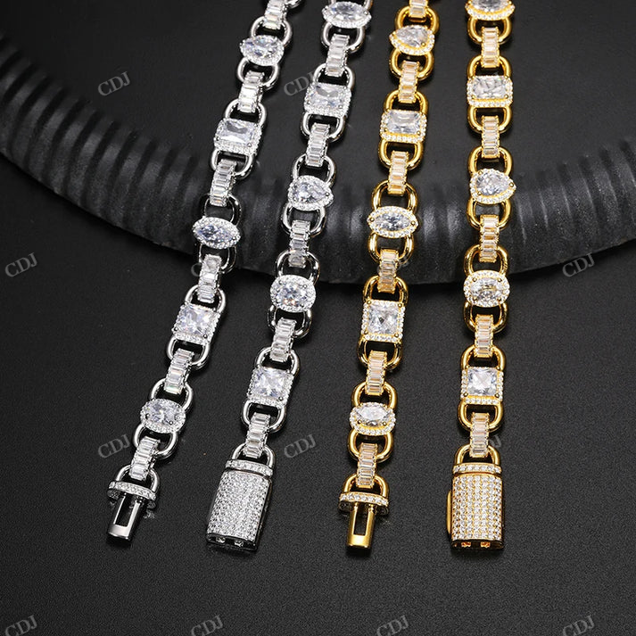 10mm 925 Silver Moissanite Gem Stationed Ring Link Chain hip hop jewelry CustomDiamJewel