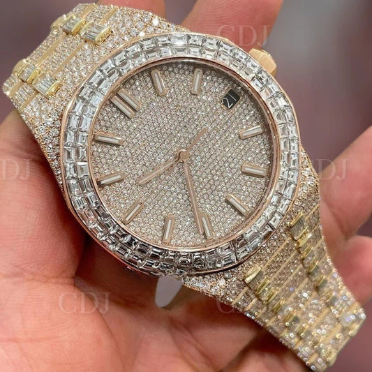 Two Tone VVS Baguette Moissanite Fully Bust Down Men's Watch customdiamjewel