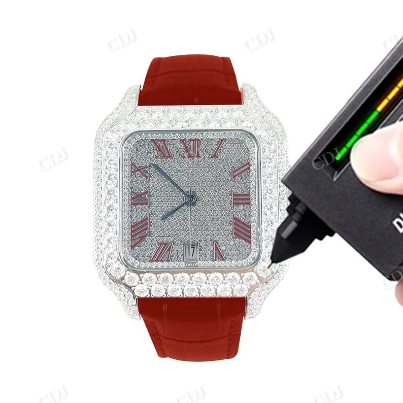 Hip Hop Moissanite Red Leather Band Automatic Roman Dial Rapper Buss Down Men's Watch (9.6Ct Approx)