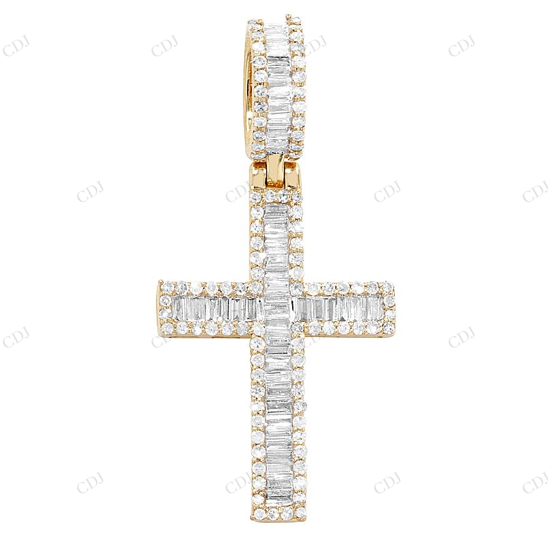 10K Yellow Gold Baguette Lab Grown Diamond Cross Pendant Hip Hop Pendent CustomDiamJewel